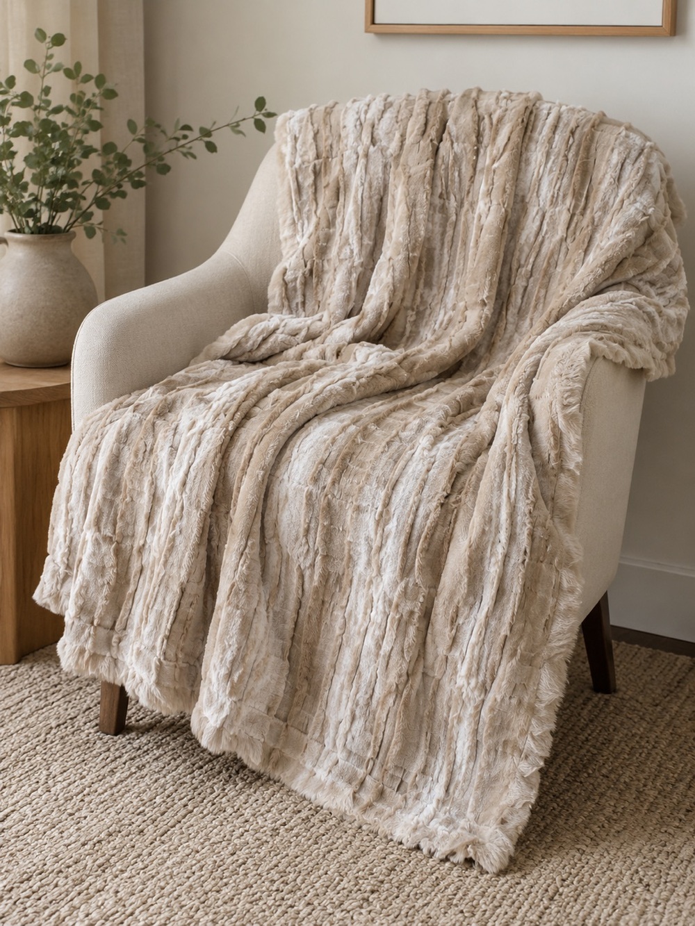 THRO by Marlo Lorenz Faux Fur Throw Blanket Tan Textured Plush 60” x 45”‎